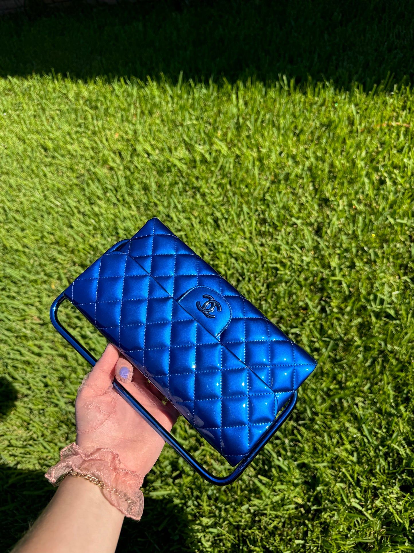 Chanel Classic Flap Patent Metallic Blue Frame Clutch