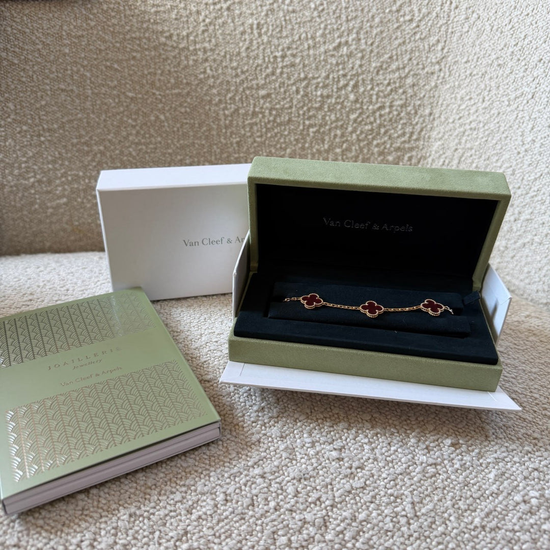 Van Cleef & Arpels Vintage Alhambra 5 Motif Bracelet Pink Enamel 18K Yellow Gold
