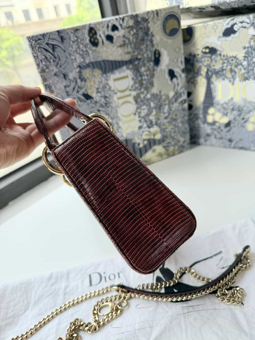 Christian Dior Lady Dior Mini Top Handle Lizard Burgundy Gold Hardware