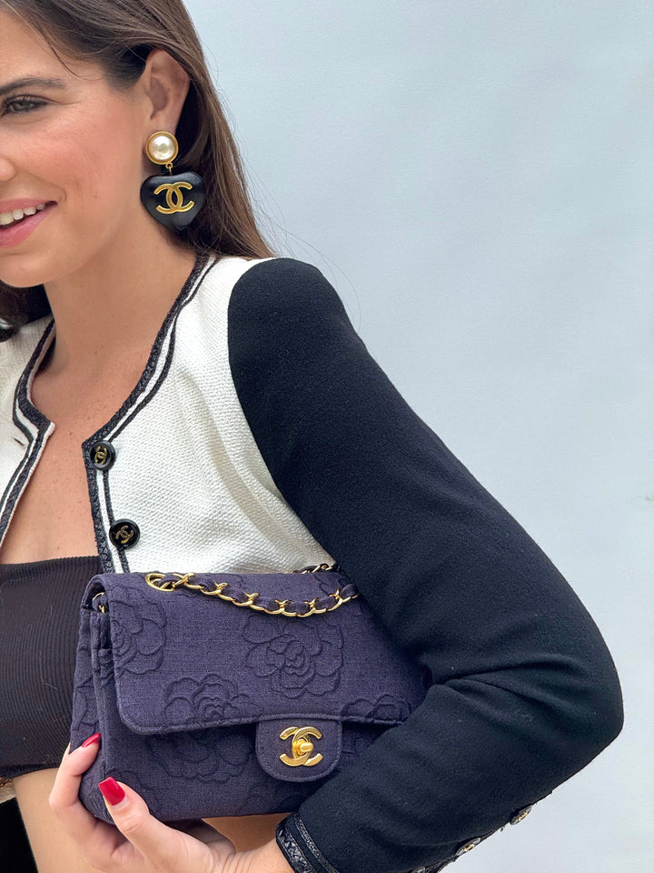 Chanel 1997 Medium 24K Navy Camellia Classic Flap Bag