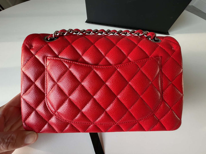 Chanel Small Classic Double Flap Caviar Red Silver Hardware 2020