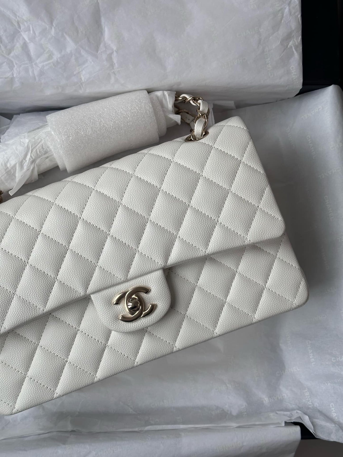 Chanel 22S Snow White Medium Caviar Double Flap Bag