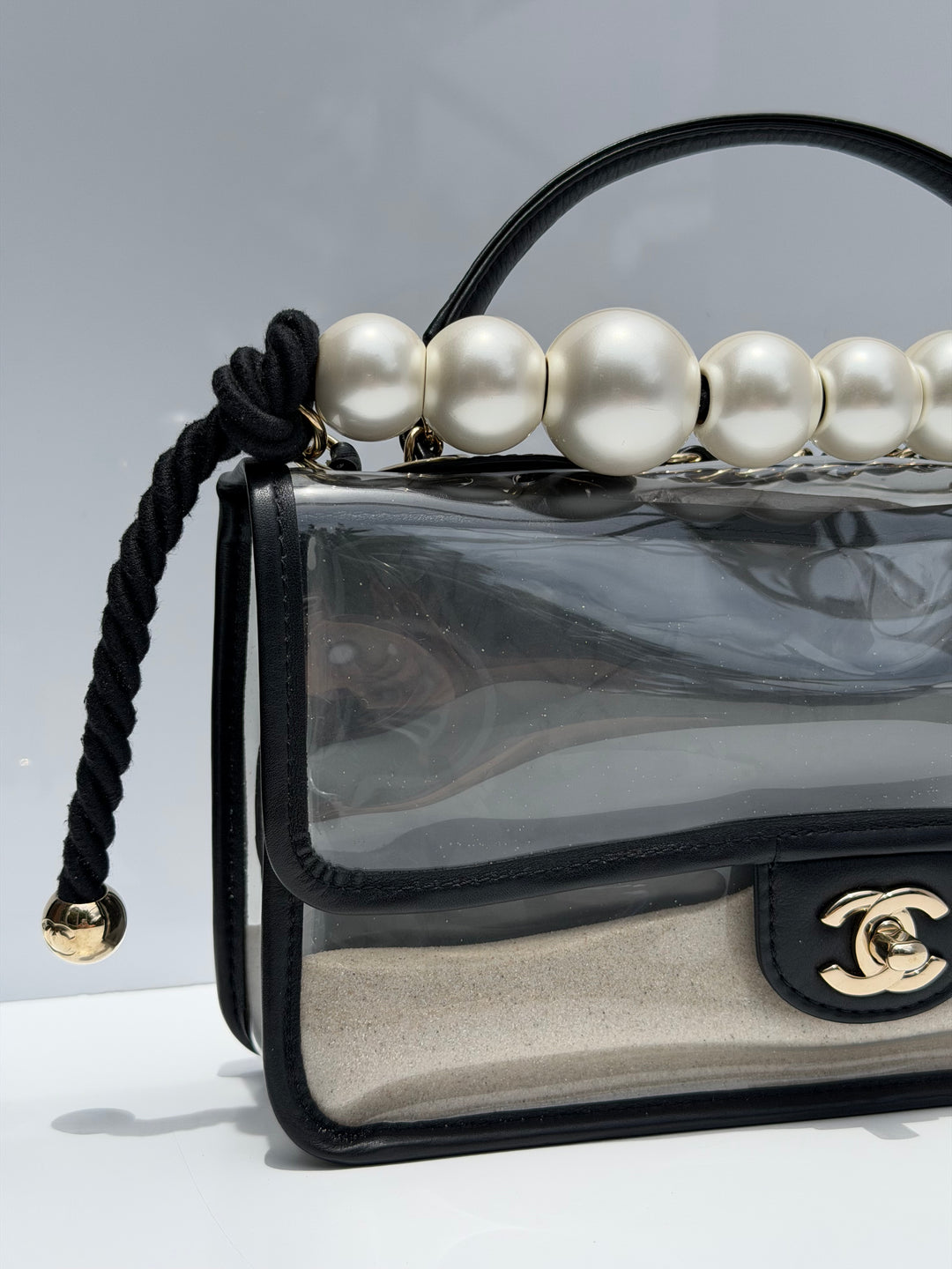 Chanel Sand By The Sea Pearl Strap Flap Bag PVC Black Light Gold Hardware 2019