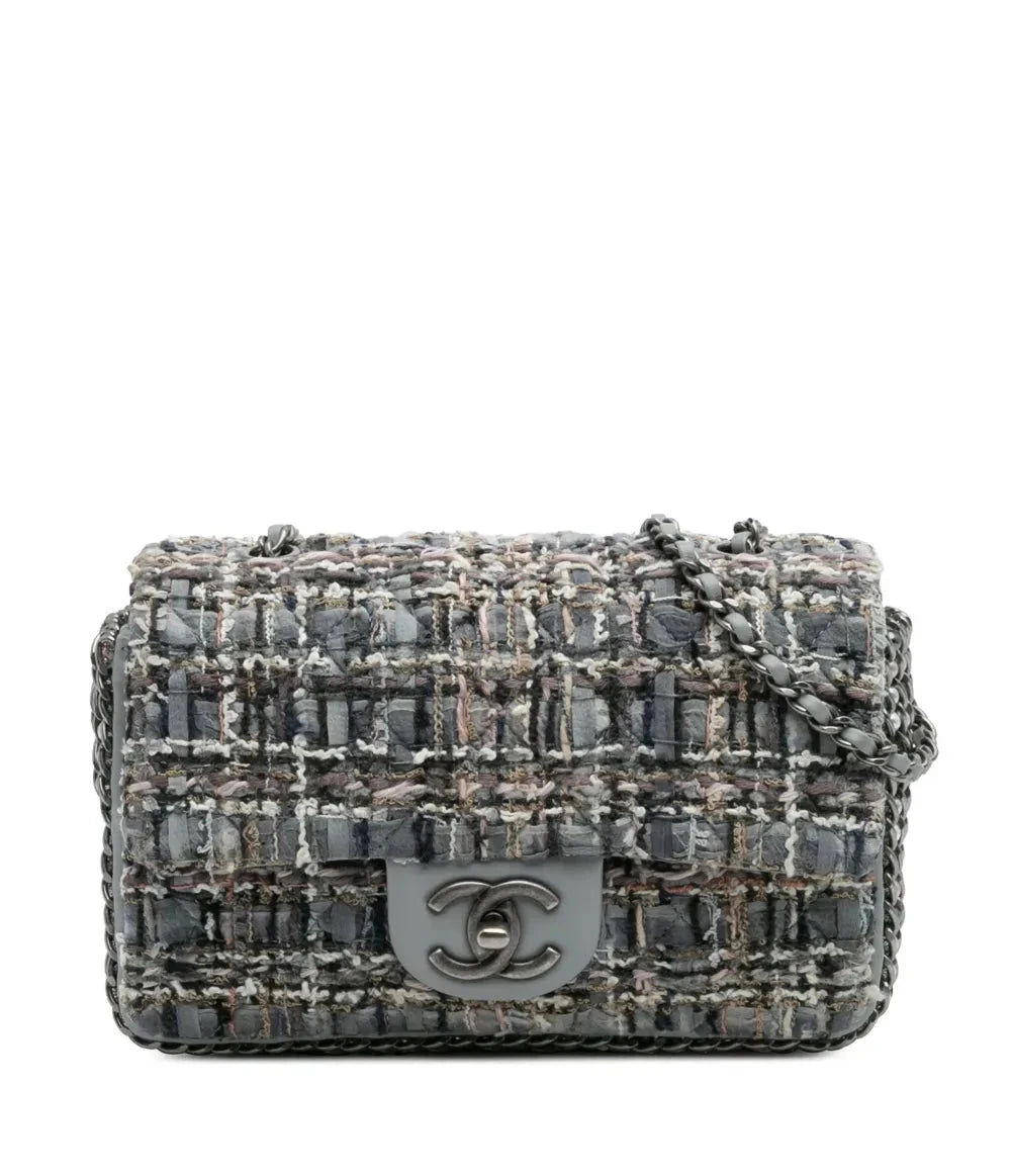 Chanel River of Pearls Mini Flap Quilted Tweed Grey Aged Silver Hardware