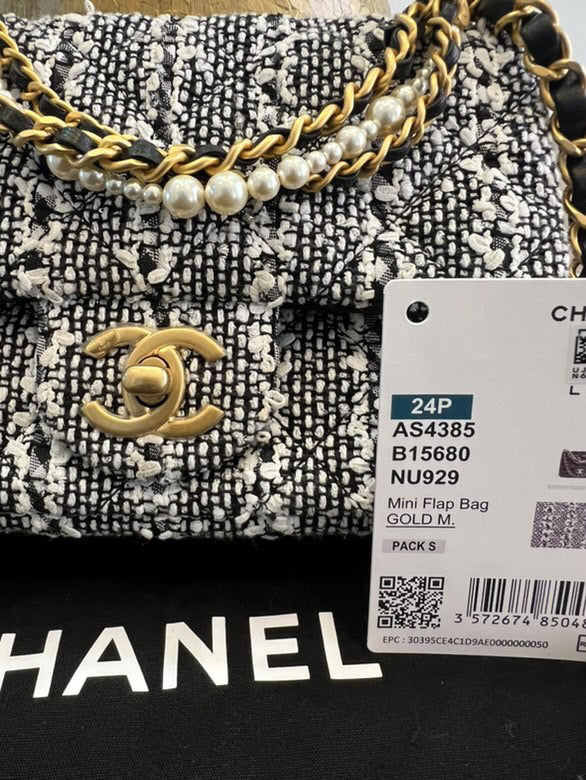 Chanel Black & White Mini Tweed Pearl Flap Bag