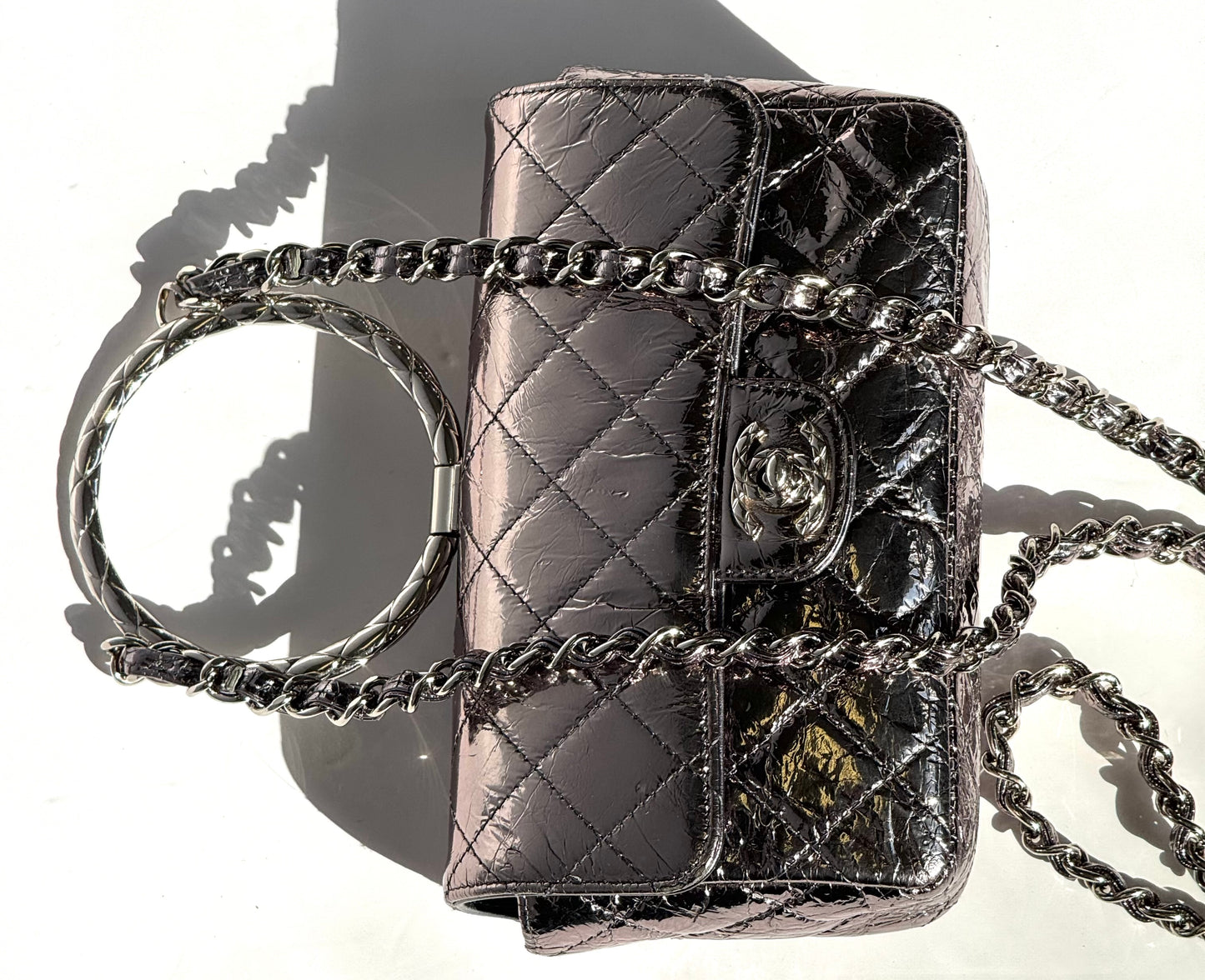 Chanel Metallic Calfskin Mini Ring Handle Flap Bag