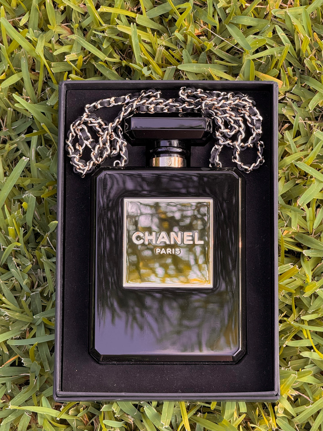 Chanel Black Acrylic Plexiglass Perfume Bottle Minaudière