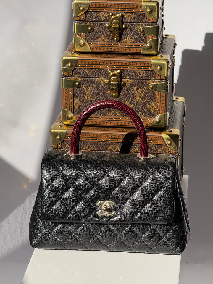Chanel Small Black Caviar Coco + Burgundy Lizard Top Handle