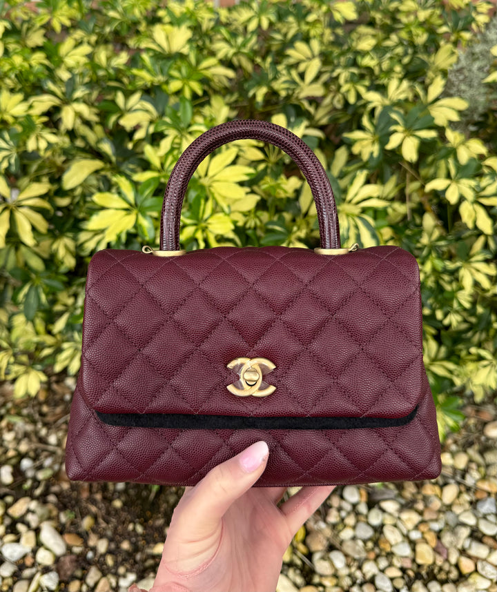 Chanel Small Burgundy Caviar Coco + Lizard Top Handle