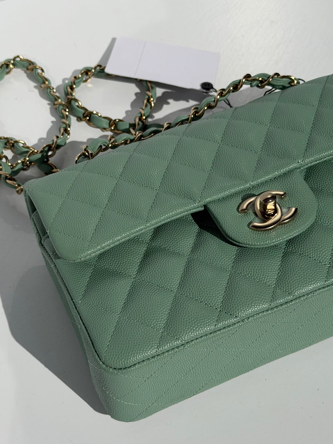 Chanel Small Classic Double Flap Caviar Green Light Gold Hardware 2023