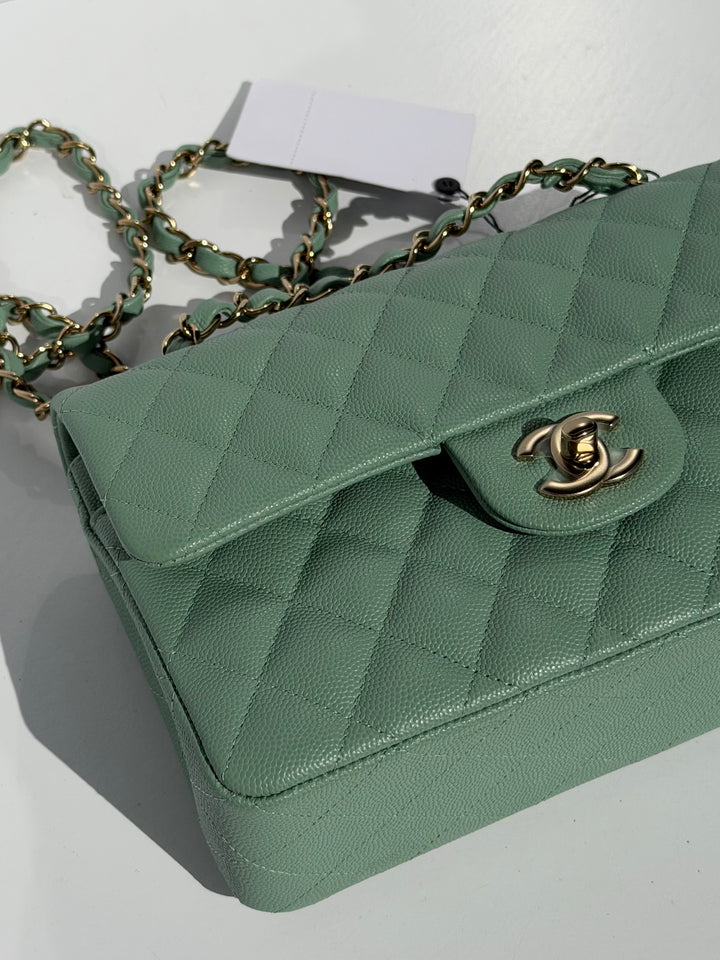 Chanel Small Classic Double Flap Caviar Green Light Gold Hardware 2023