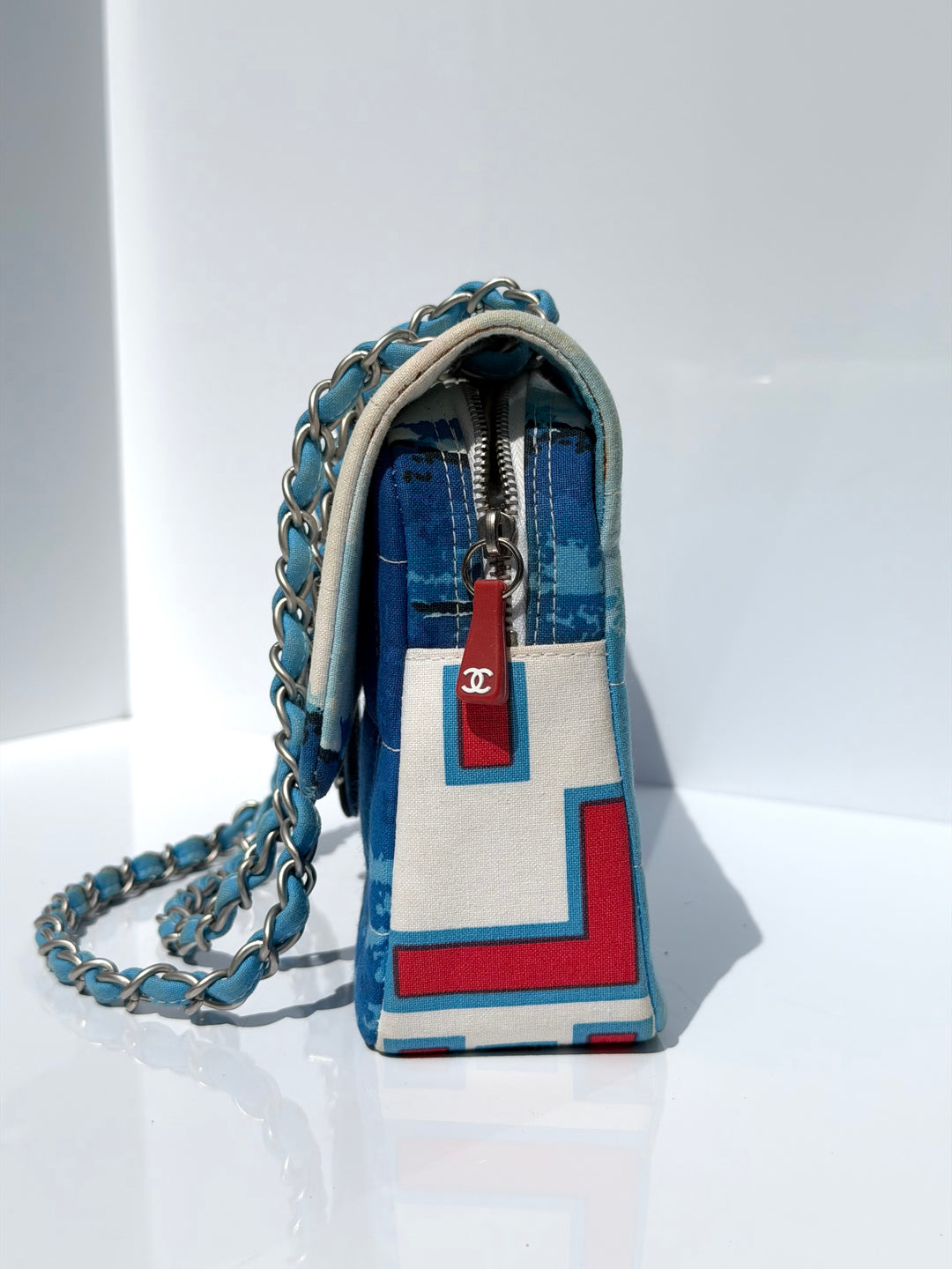 Chanel Surf Line Choco Bar Flap Blue Canvas Silver Hardware 2002 (Copy)