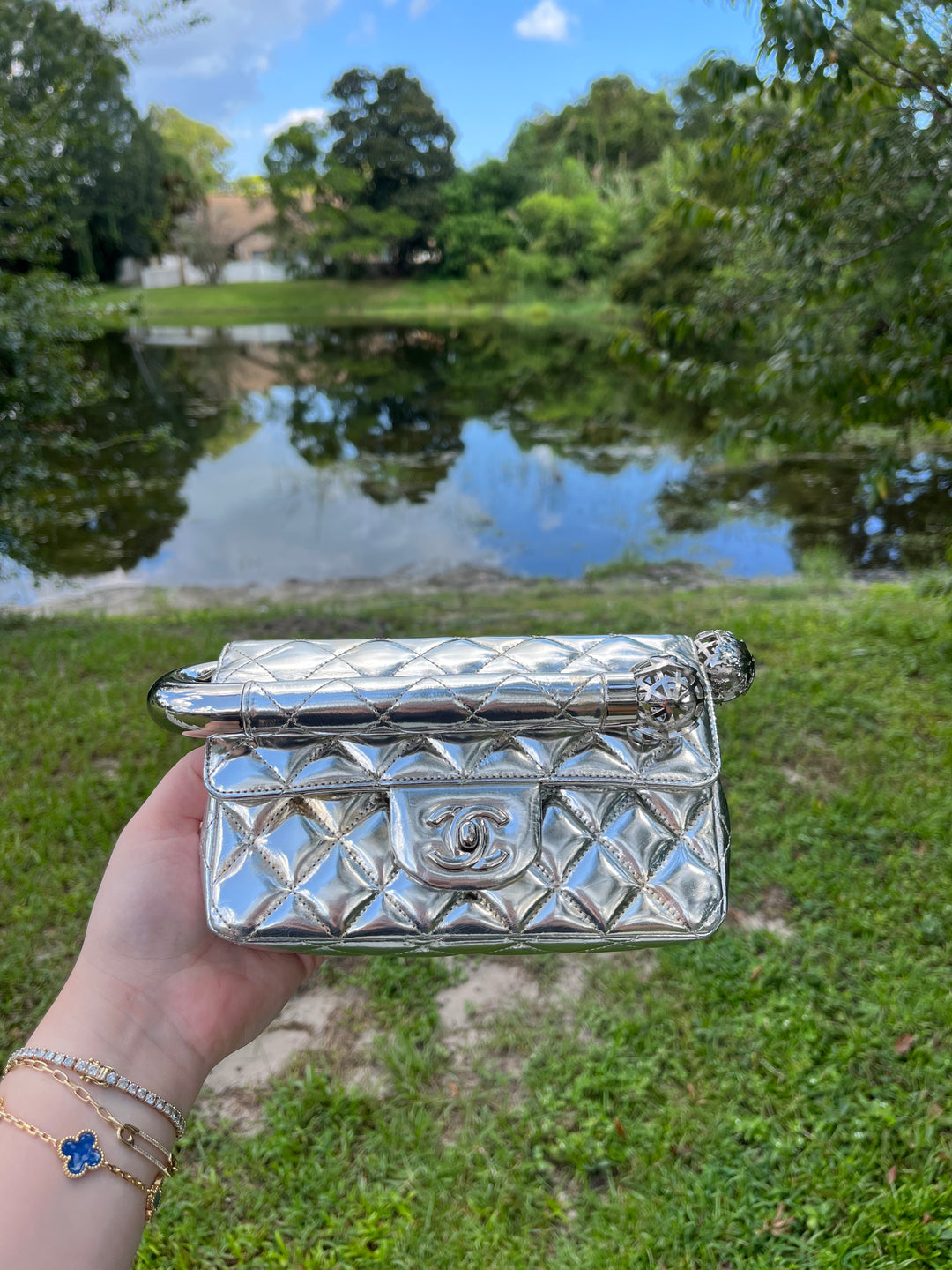 Chanel Around The World Silver Clutch Bag