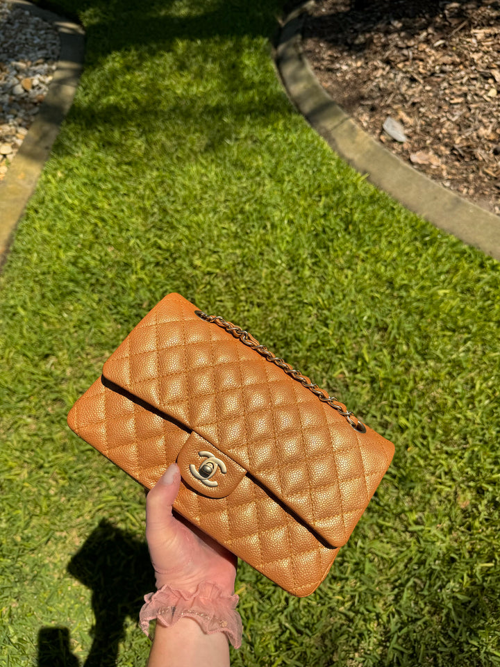 Chanel Copper Gold Metallic Medium Caviar Double Flap Bag