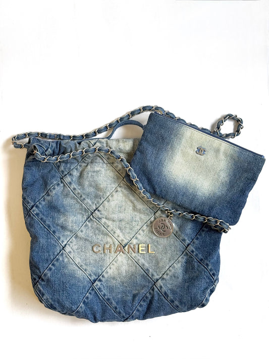 Chanel 23P Small Denim 22 Drawstring Bag