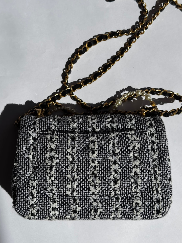 Chanel Black & White Mini Tweed Pearl Flap Bag