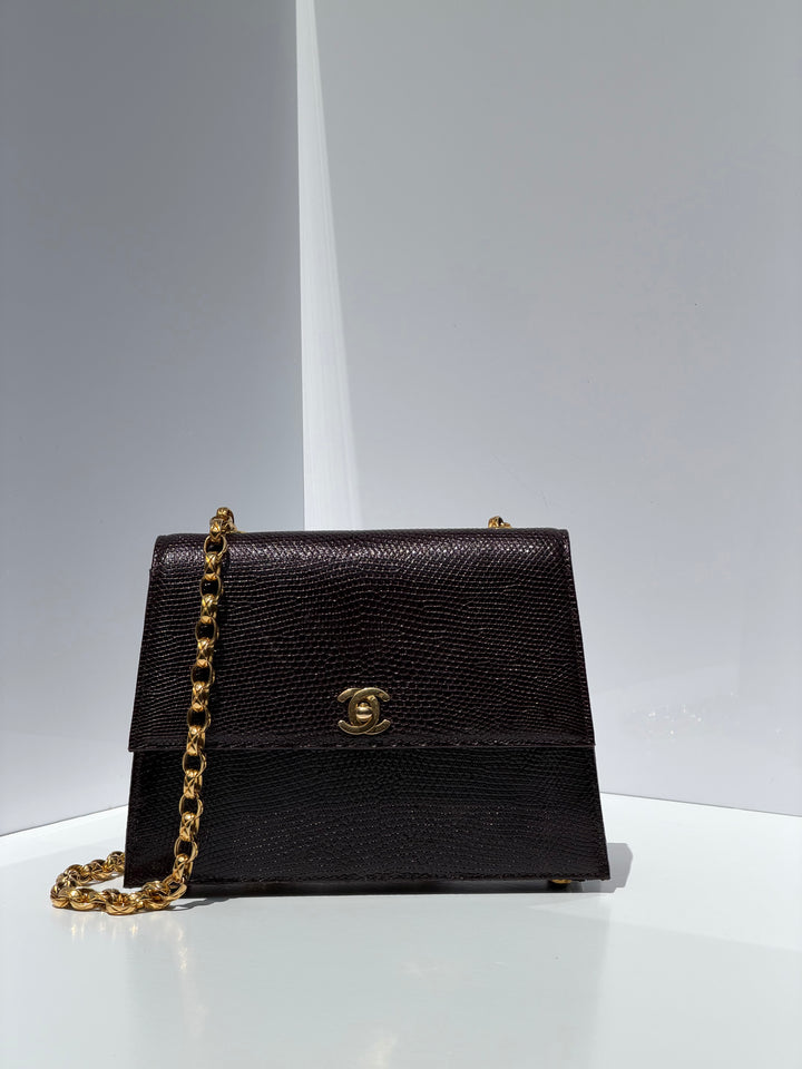 Chanel Small Trapezoid Flap Bag Burgundy Lizard Leather Gold Hardware With Bijoux Chain 1989