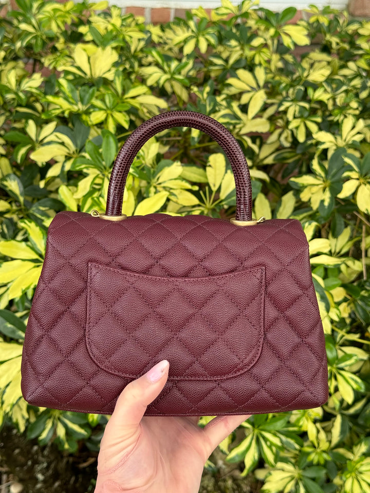 Chanel Small Burgundy Caviar Coco + Lizard Top Handle