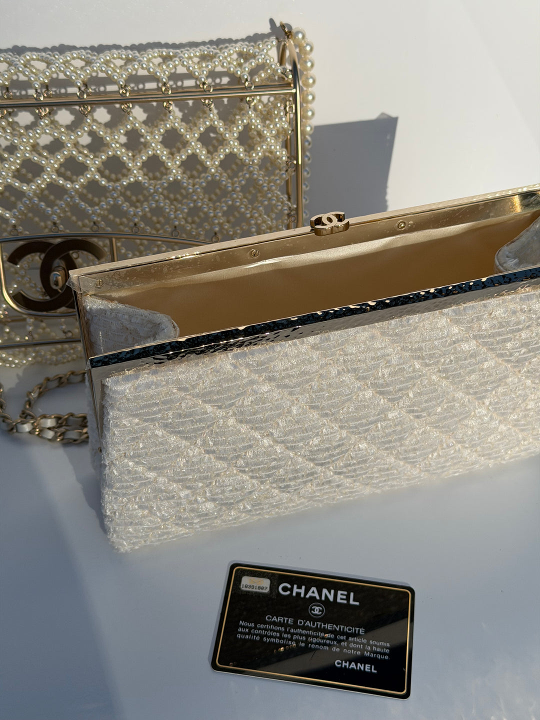 Chanel 2014 Pearl Embellished Caged Flap Minaudière Bag