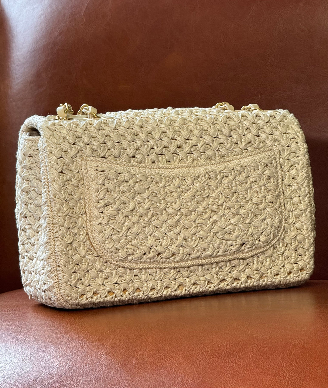 Chanel Raffia Crochet Flap Tan Matte Gold Hardware 18C