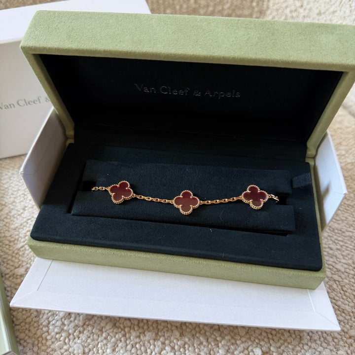 Van Cleef & Arpels Vintage Alhambra 5 Motif Bracelet Pink Enamel 18K Yellow Gold
