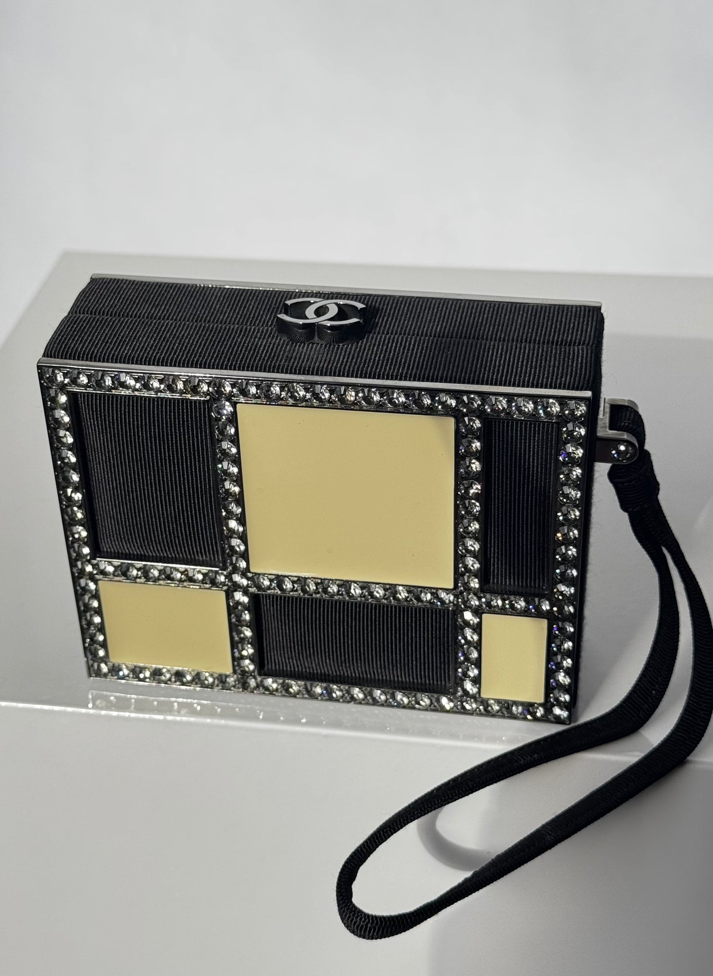 Chanel Minaudière Clutch in Plexi, Black cotton Piqué and Rhinestones