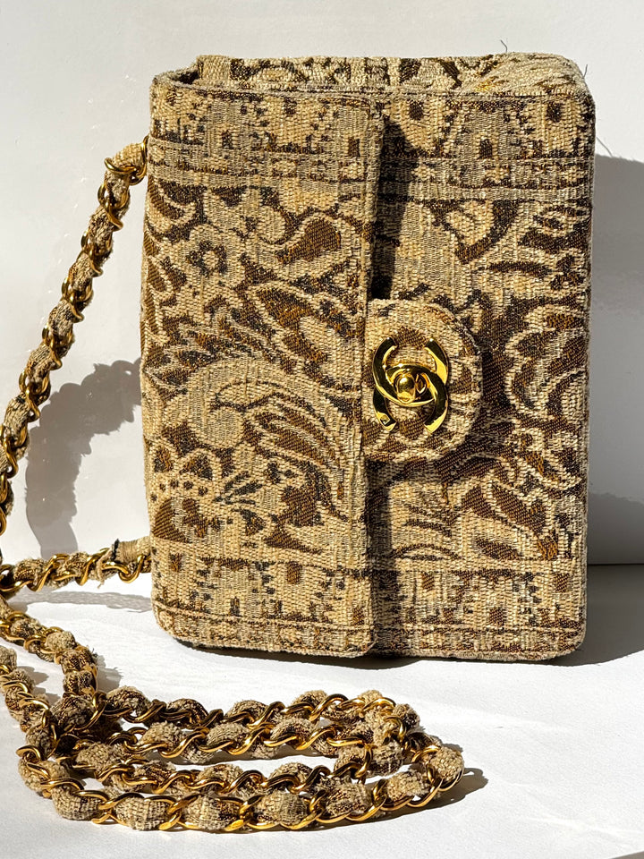 Chanel 1991 Bronze Metallic Brocade Vintage Mini Square Flap Bag