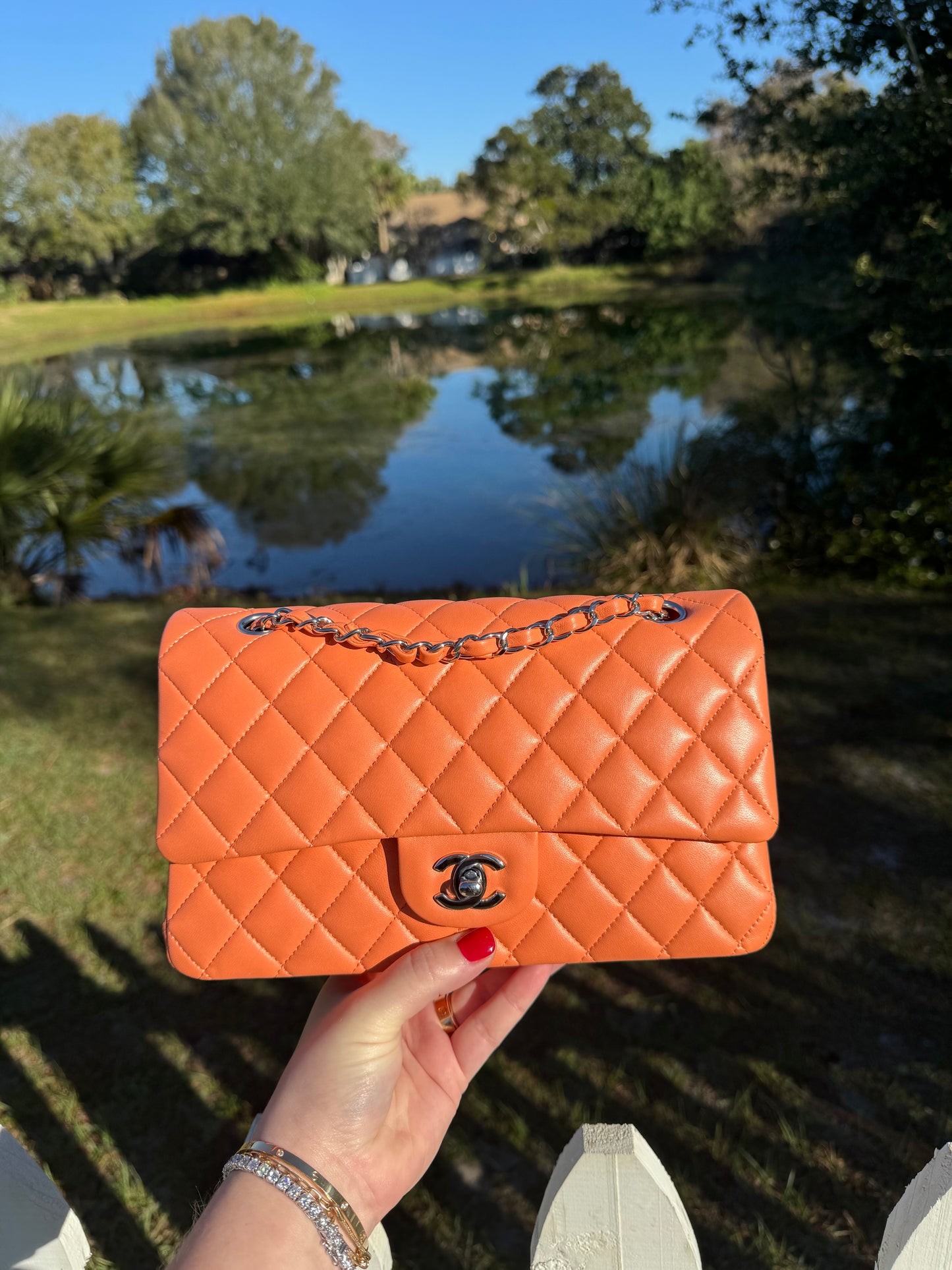 Chanel 21S Orange Neon Lambskin Medium Flap Bag