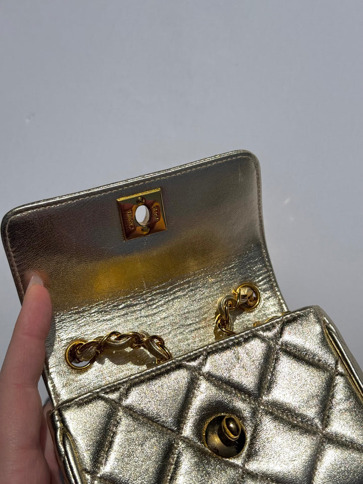 Chanel 1994 Vintage Metallic Gold Extra Mini Flap Bag