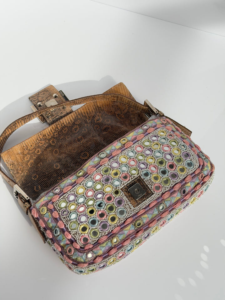 Fendi Baguette Mirror Specchietti Bag Multicolor Silk Embroidery & Beading Lizard Trim 2009