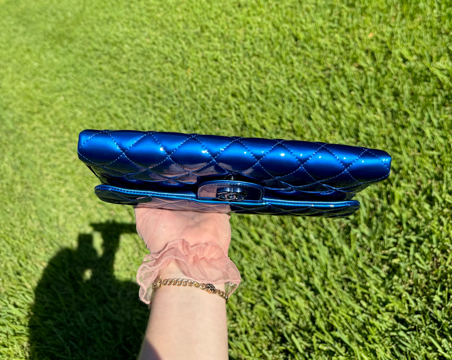 Chanel Classic Flap Patent Metallic Blue Frame Clutch