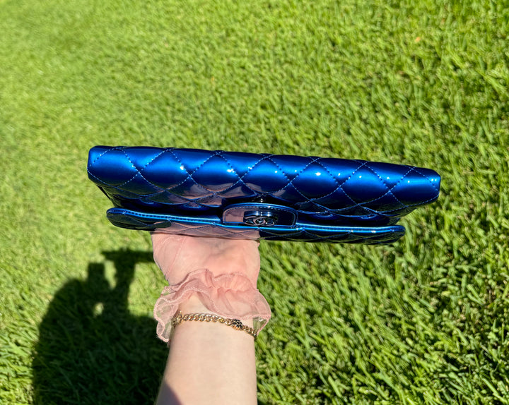 Chanel Classic Flap Patent Metallic Blue Frame Clutch