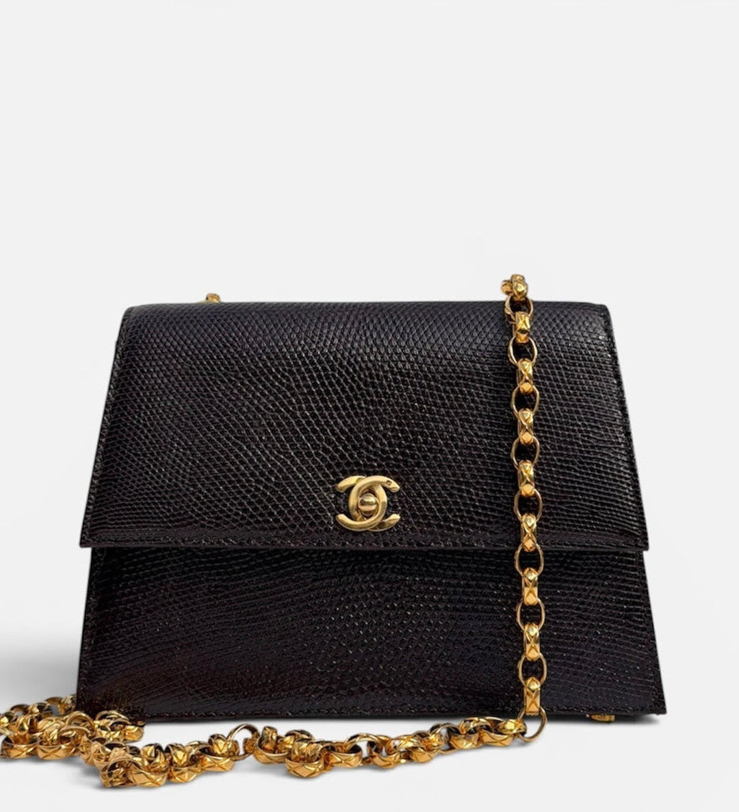 Chanel Small Trapezoid Flap Bag Burgundy Lizard Leather Gold Hardware With Bijoux Chain 1989