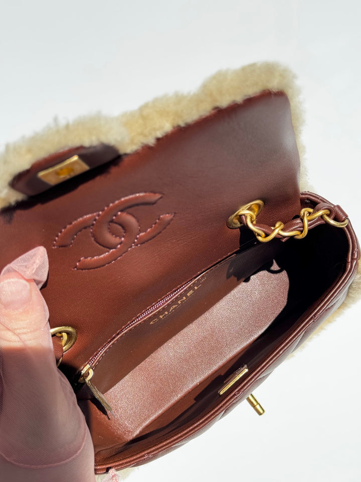 Chanel 25K Brown Mini Shearling Flap Bag