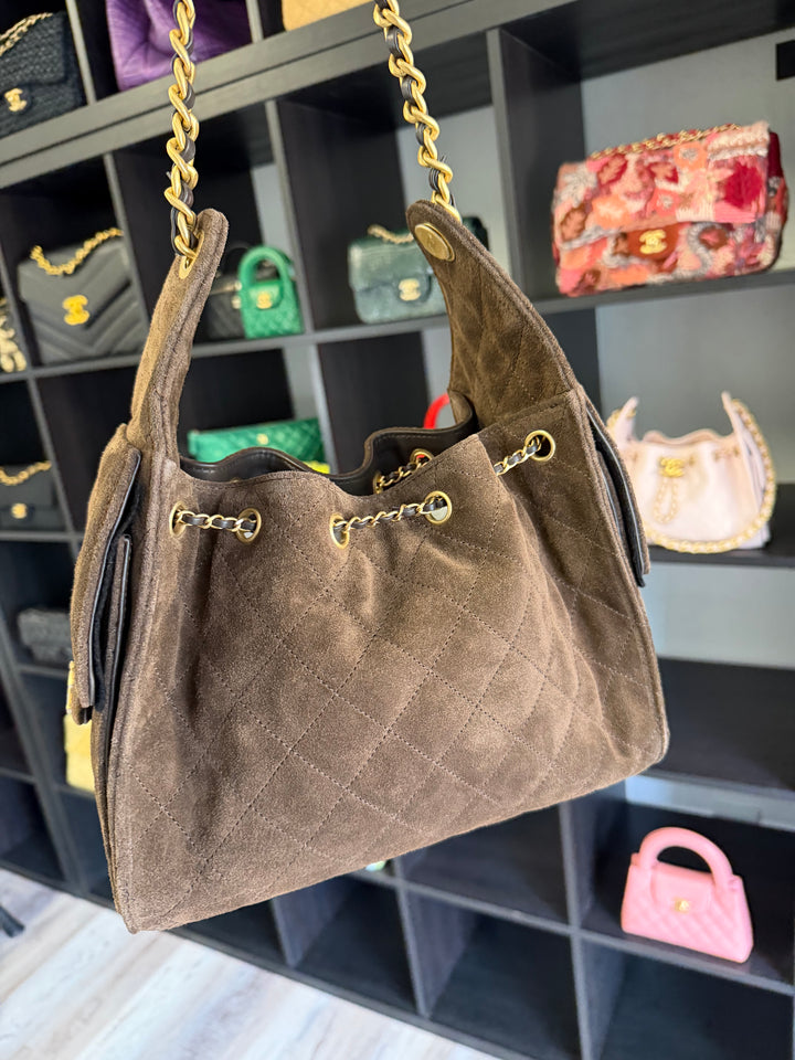 Chanel Small 25 Hobo Bag Brown Suede Antique Gold Hardware