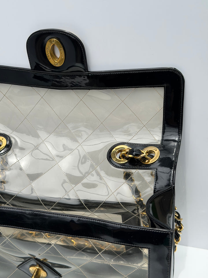 Chanel Maxi Classic Flap Bag Clear Vinyl Black Patent Leather Gold Hardware 1994