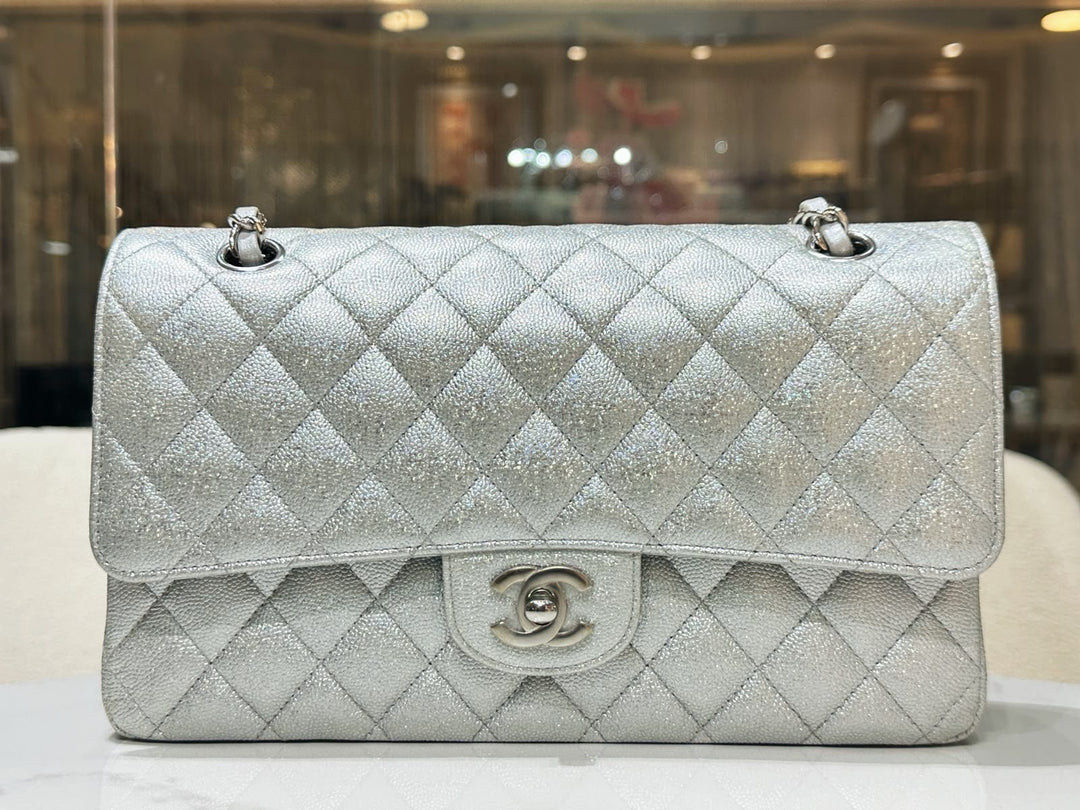 Chanel 21K Medium Flap Bag Silver Metallic Caviar Leather Silver Tone Hardware 2021
