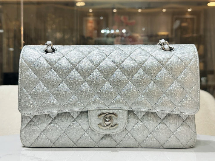 Chanel 21K Medium Flap Bag Silver Metallic Caviar Leather Silver Tone Hardware 2021