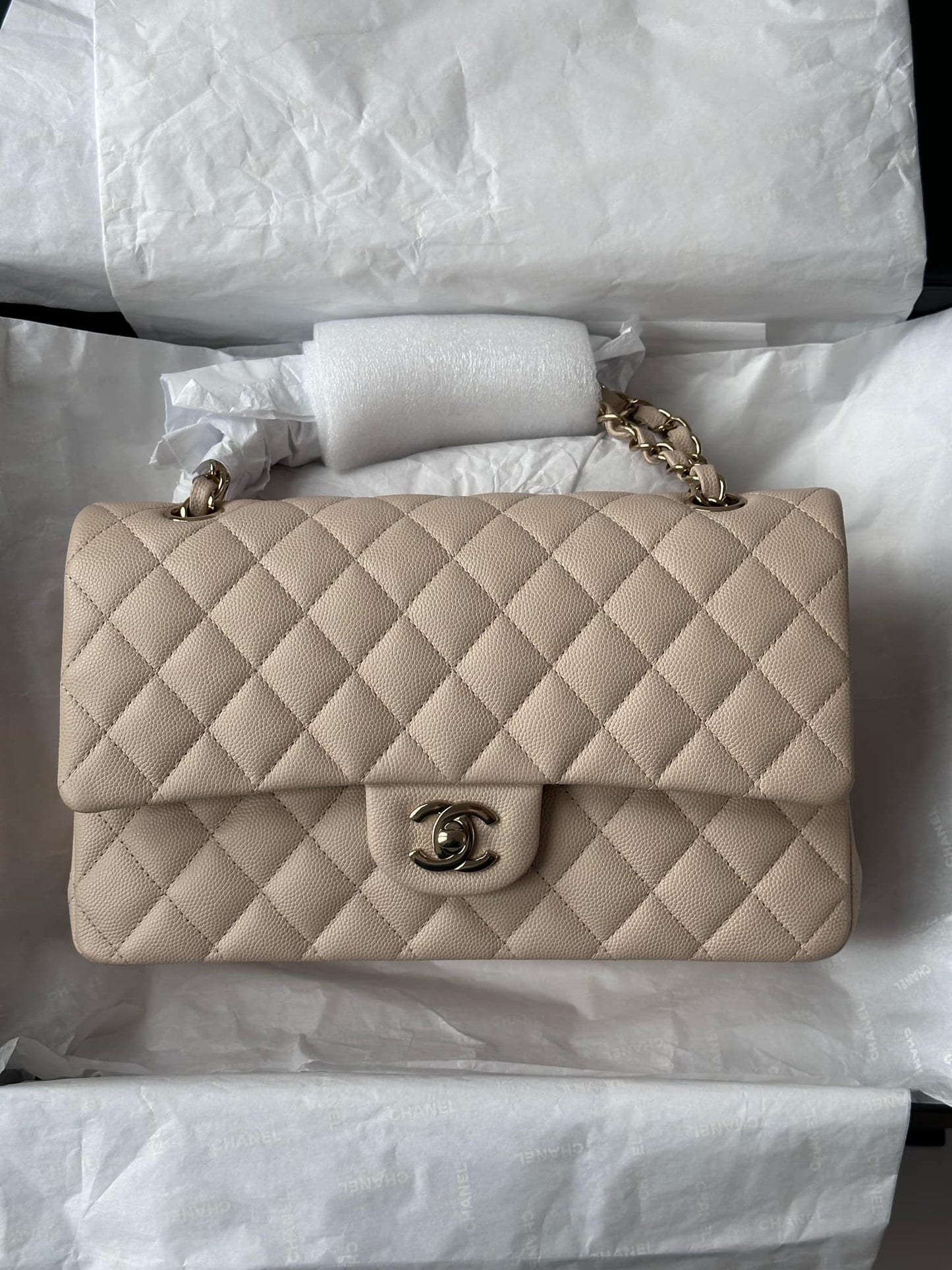 Chanel 23P Ecru Medium Caviar Double Flap Bag