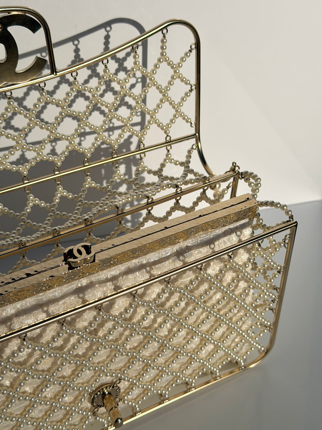 Chanel 2014 Pearl Embellished Caged Flap Minaudière Bag