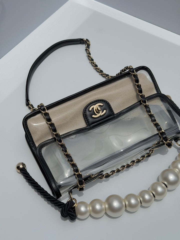 Chanel Sand By The Sea Pearl Strap Flap Bag PVC Black Light Gold Hardware 2019