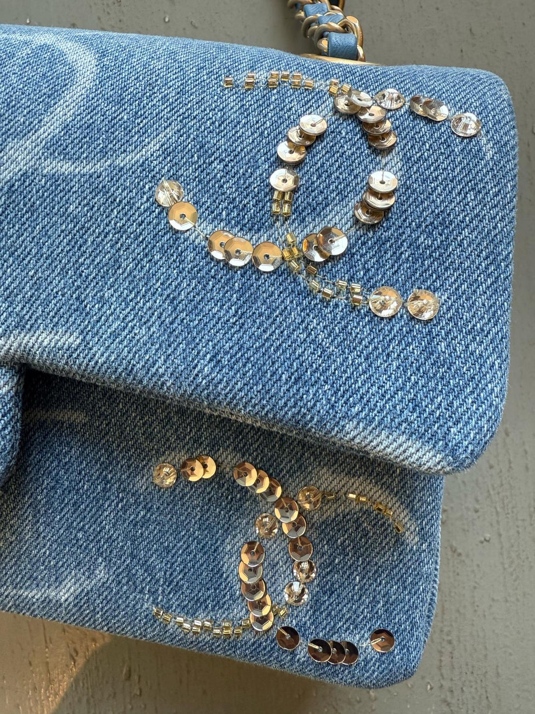 Chanel 23b Medium Denim Sequin CC Classic Flap Bag