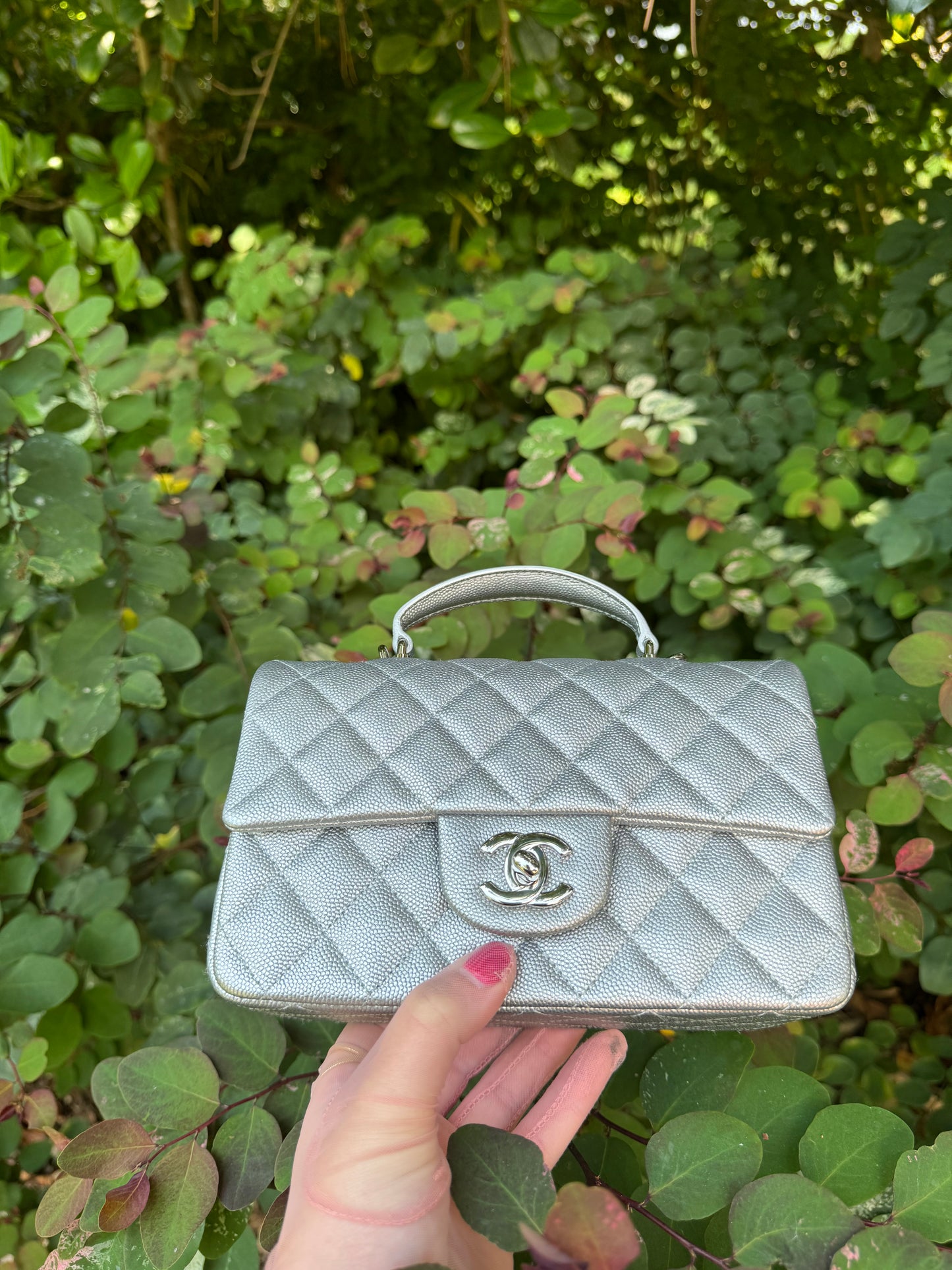 Chanel 21S Mini Metallic Silver Caviar Top Handle