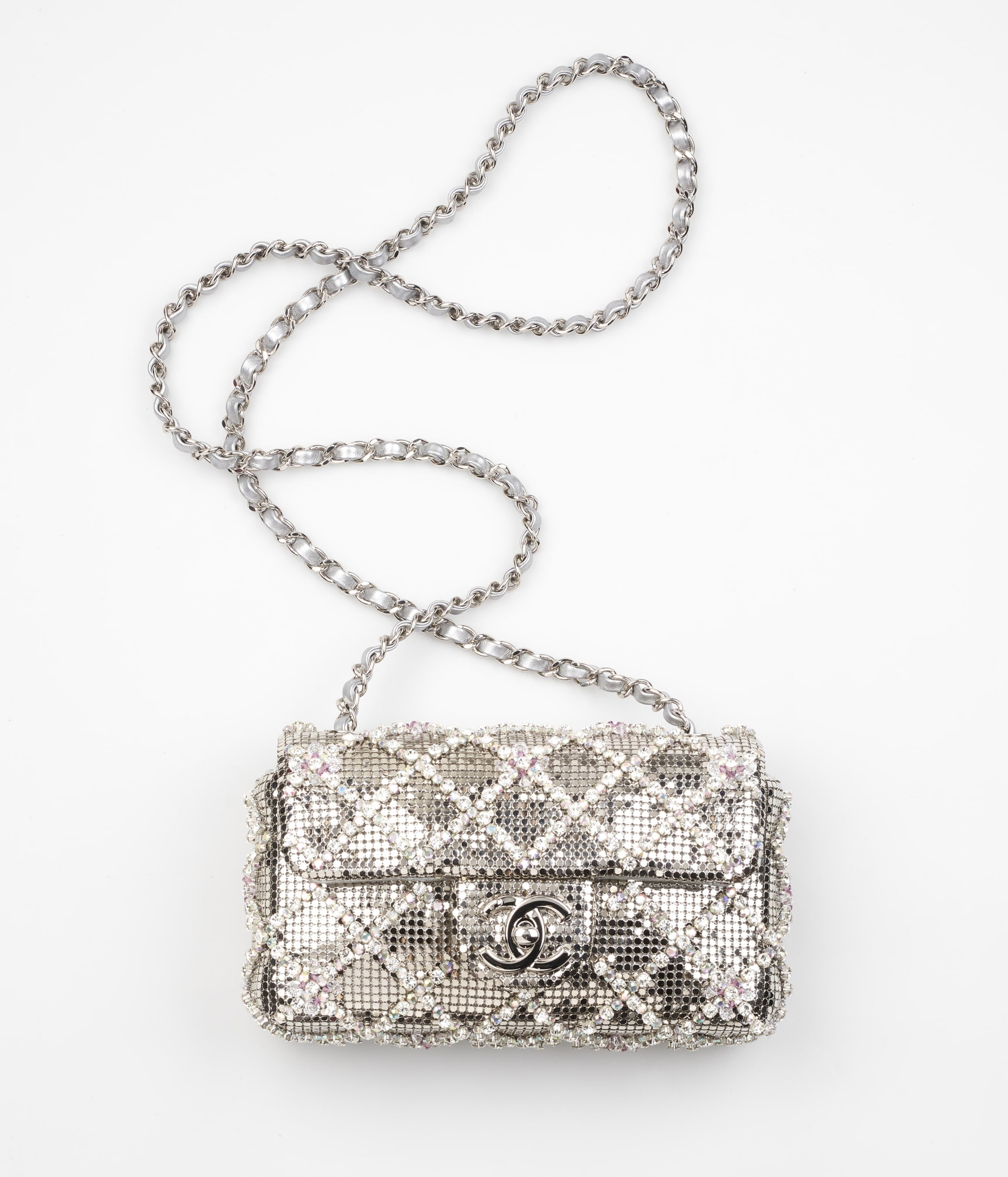 Chanel 2022 Silver Diamond Quilted Crystal Mini Flap – Its A Luv Story
