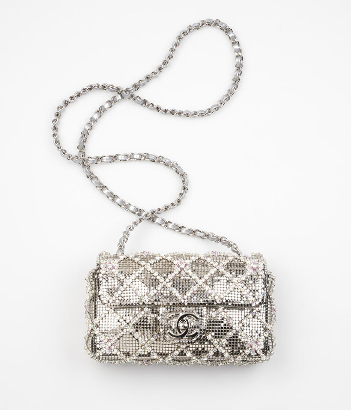 Chanel 2022 Silver Diamond Quilted Crystal Mini Flap