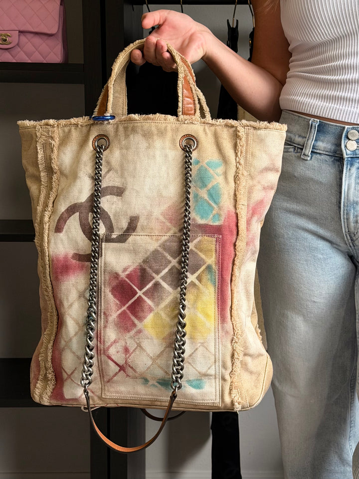 Chanel Runway Art School Graffiti Canvas Tote Beige Multicolor Ruthenium Hardware 2014