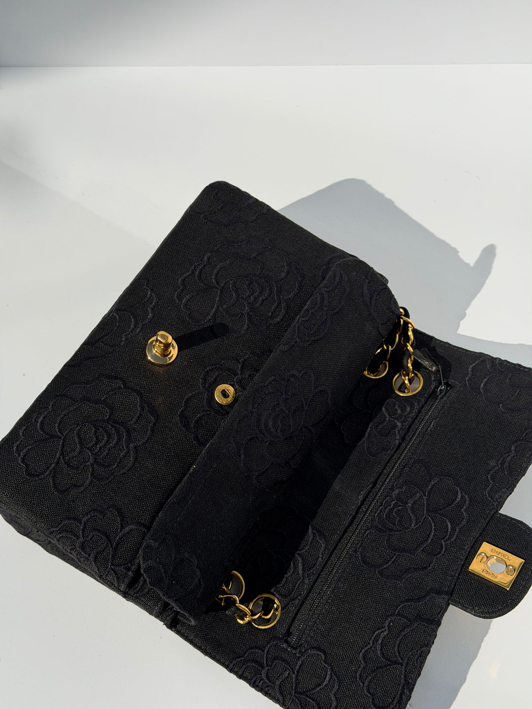 Chanel 1997 Small 24K Black Camellia Classic Flap Bag