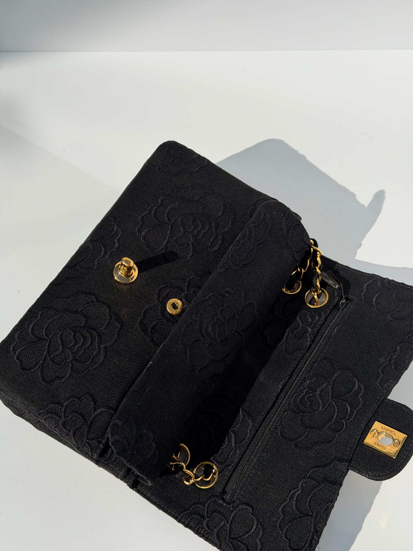 Chanel 1997 Small 24K Black Camellia Classic Flap Bag