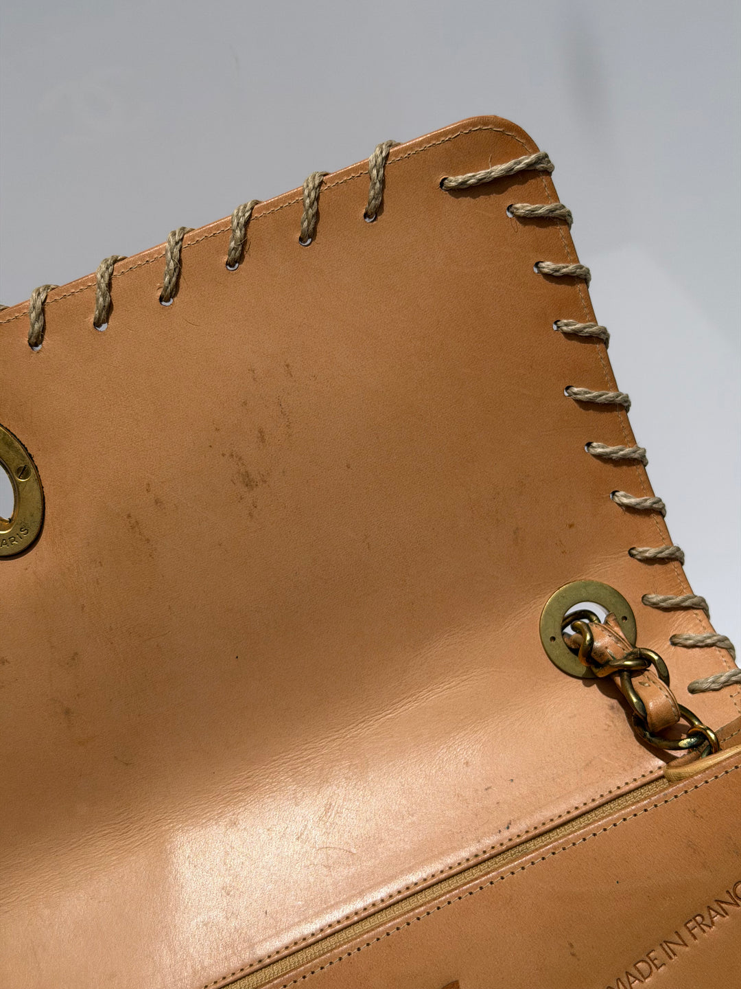 Chanel Jumbo Classic Flap Bag Tan Debossed Logo Calfskin Whipstitched Gold Hardware 1994
