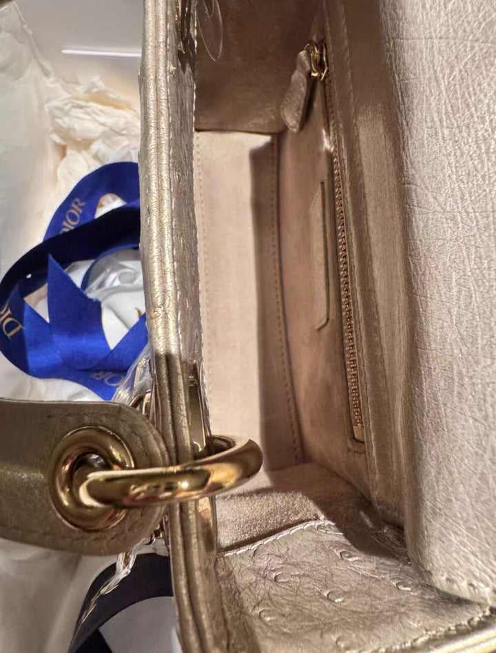 Lady Dior Champagne Ostrich Mini Top Handle